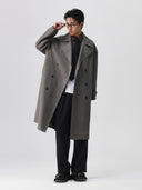 Mens Long Plaid Trench Coat with Drop Shoulder